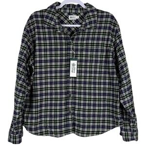 Alpine Design Womens L Midweight Flannel Shirt Button Up Navy Cream Plaid NEW
